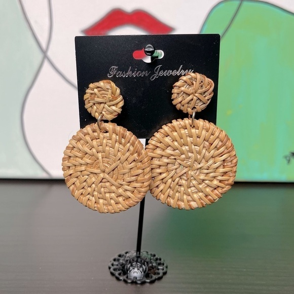 Round Natural Rattan Whicker Bohemian Earrings ER01.4 - Picture 1 of 4
